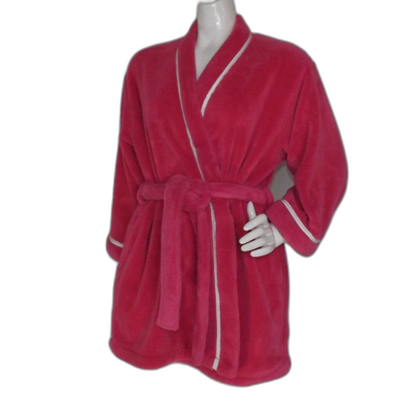 KATE SPADE Plush Robe, M, Bold Pink, Wrap Front, Sash Belt, Fuzzy, Washable - Picture 3 of 14